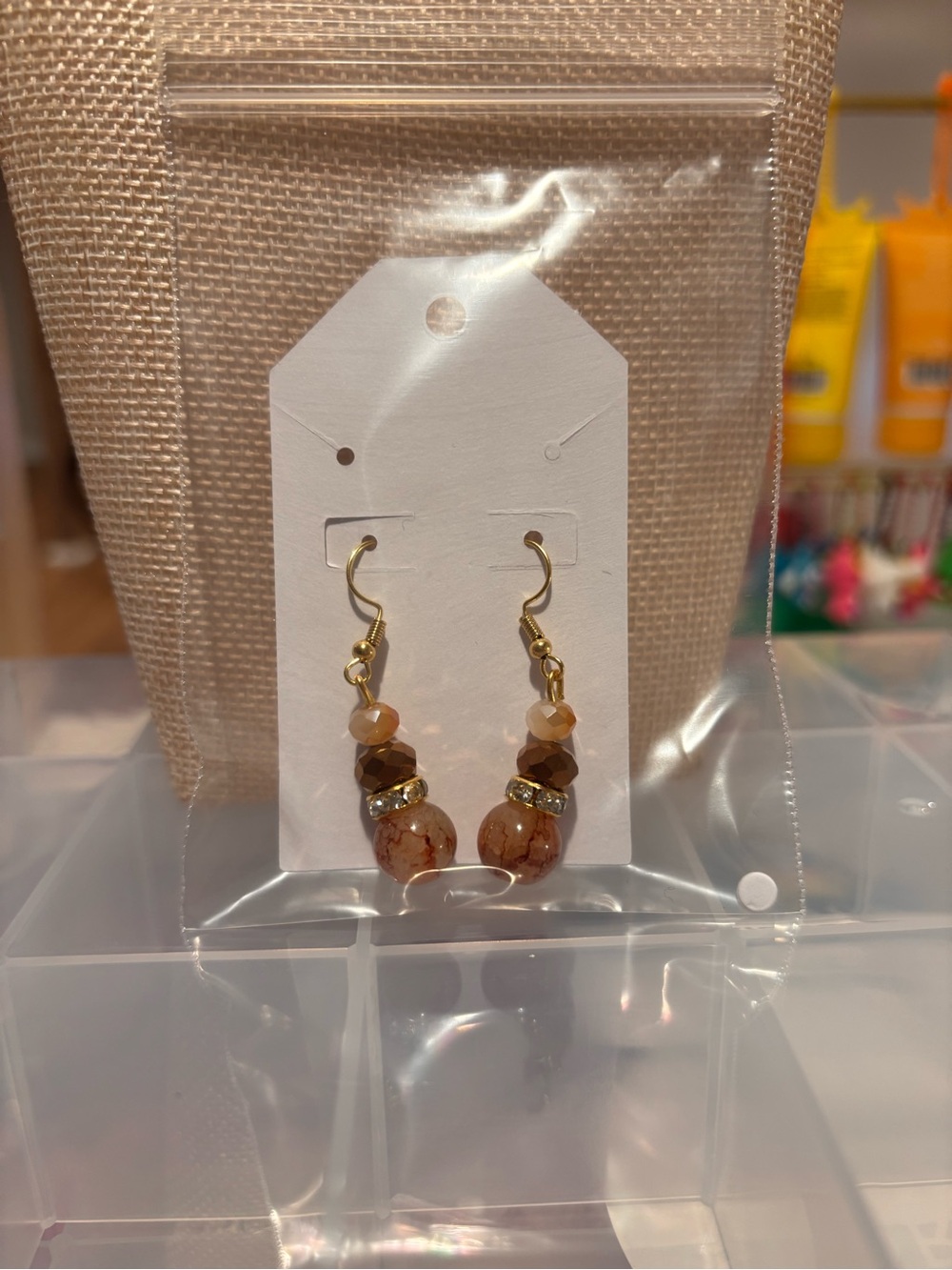 Handmade Brown and Gold Beaded Drop Earrings